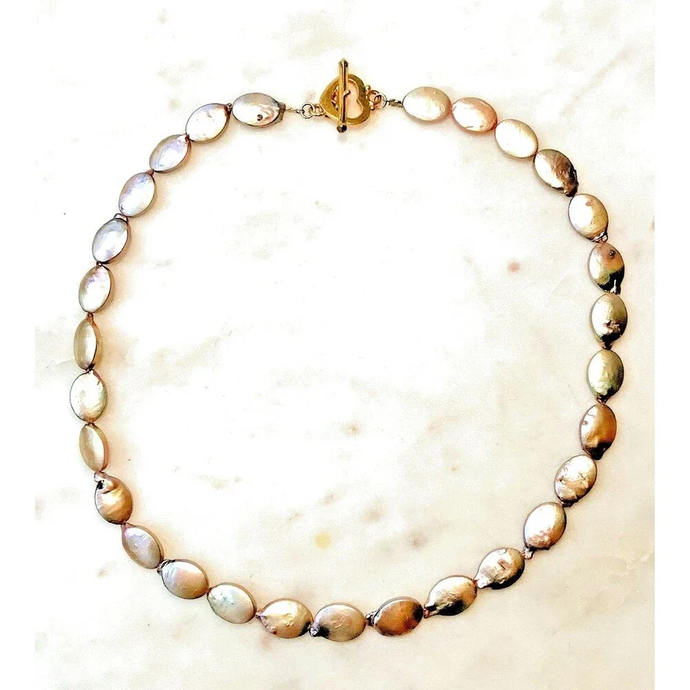 Freshwater Pearl Coin Necklace Pink Gold Green Purple Iridescent Baroque Pearls